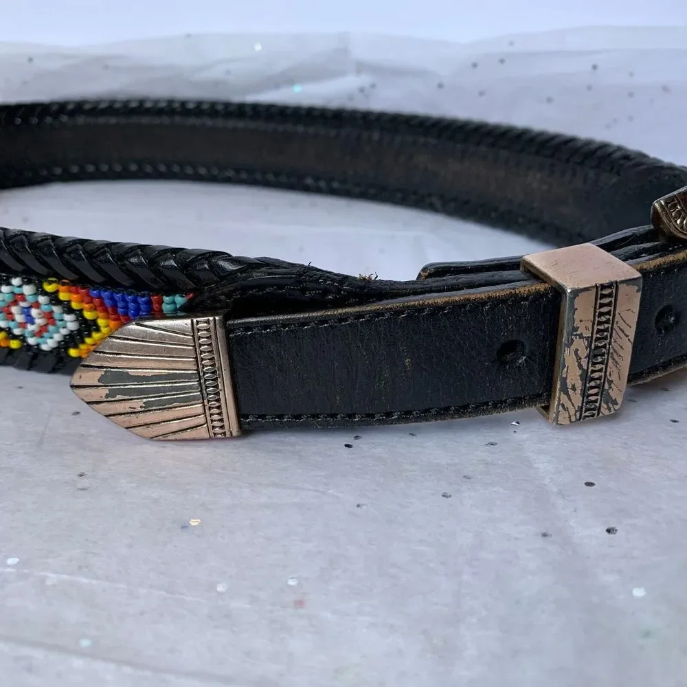 Vintage LL Bean Bauer 1991 Mens Genuine Leather Southwestern Beaded Belt EUC!